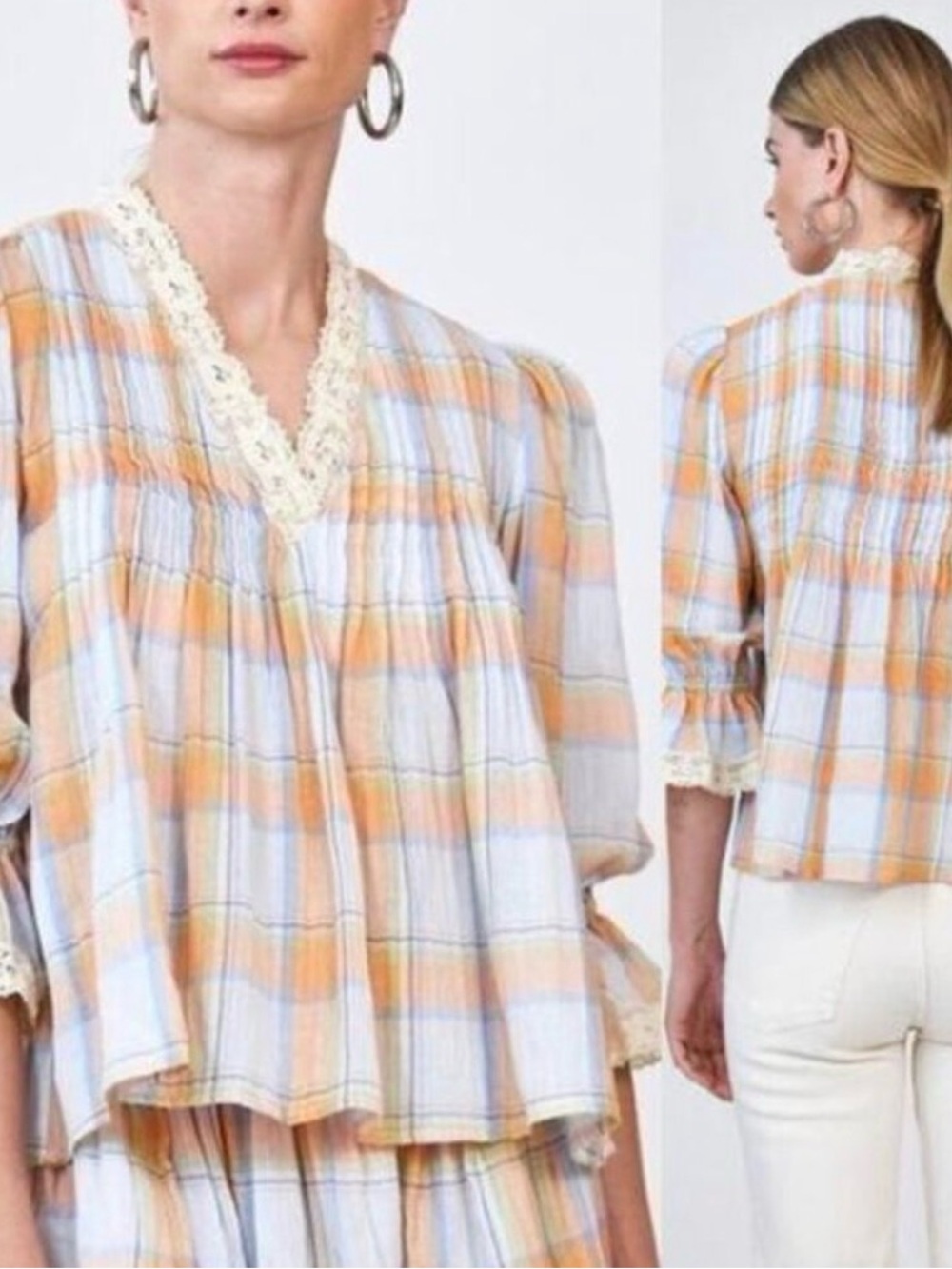HUNTER BELL 3/4 Sleeve Pintuck with Eyelet Trim Mia Plaid Blouse Size L